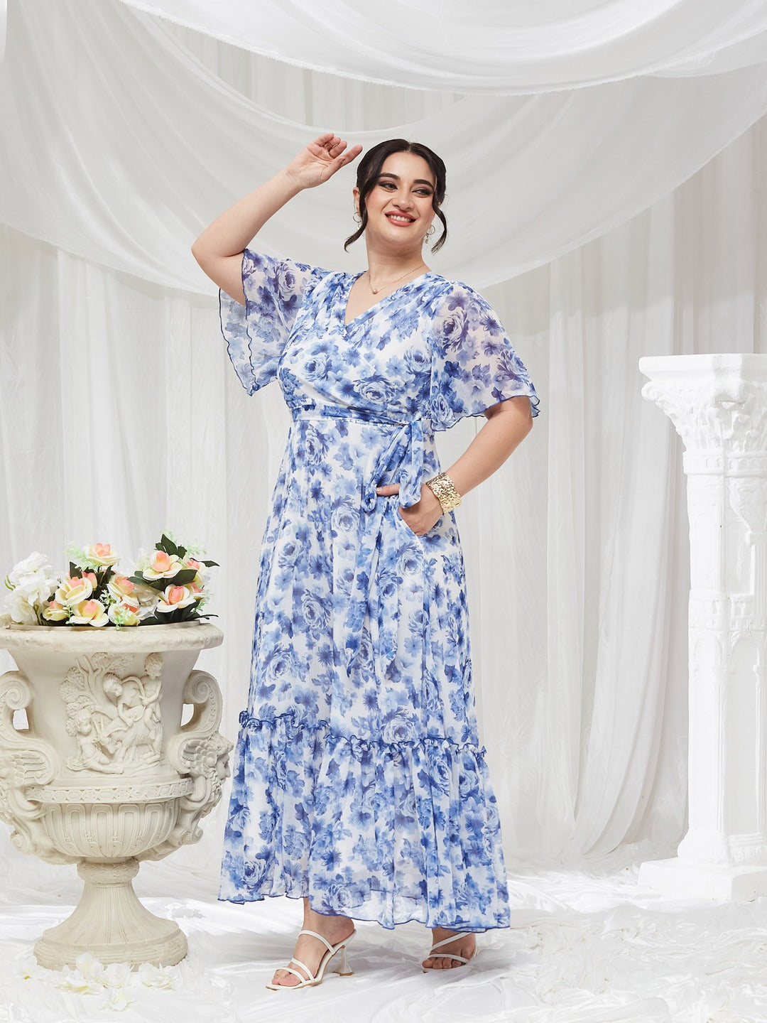 Floral Wrap Chiffon Maxi Dress with White Base and Flutter Sleeves for Women