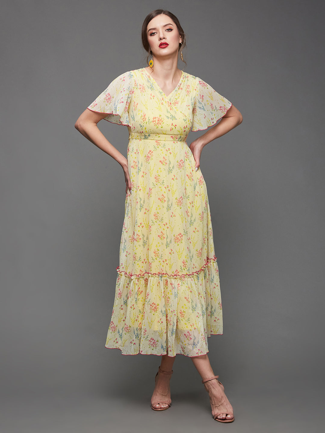 Yellow Floral Printed Flutter Sleeves Maxi Dress Long Dress Frock for Women