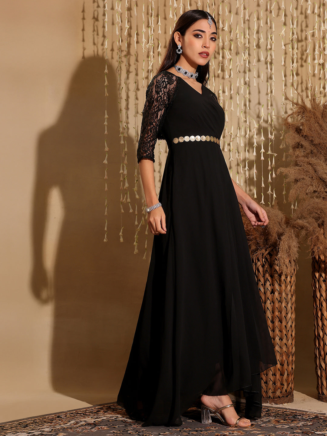Women's Black V-Neck Raglan Embellished Wrap Maxi Georgette Dress