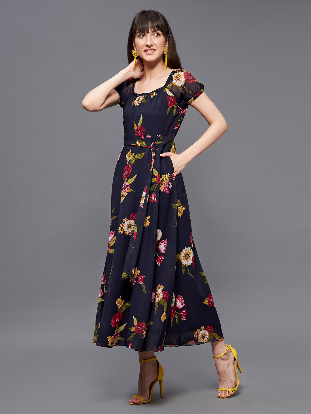 Women's Multicolored Base-Navy Blue Square Neck Short Puff Sleeve Floral Fit & Flare Georgette Midi Dress