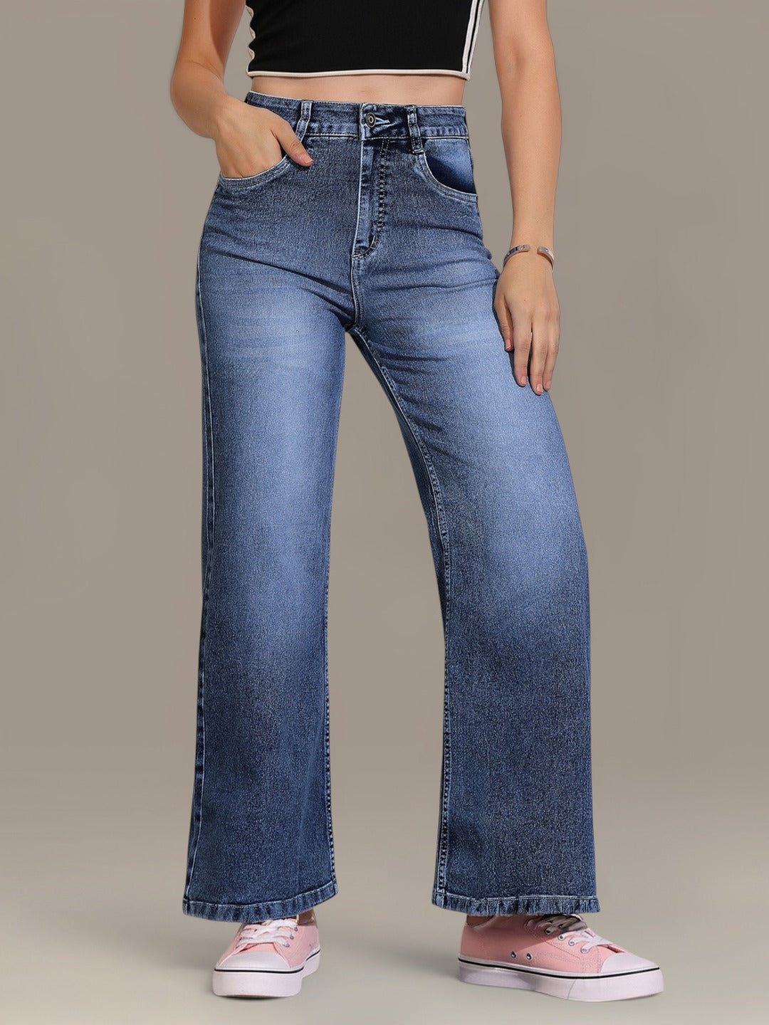 Light Blue Wide-Leg High-Rise Stretchable Denim Jeans for Women