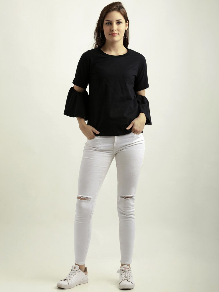 Women's Black Round Neck Flared 3/4 Sleeve Cotton Solid Gathered Cut Out Detail Top