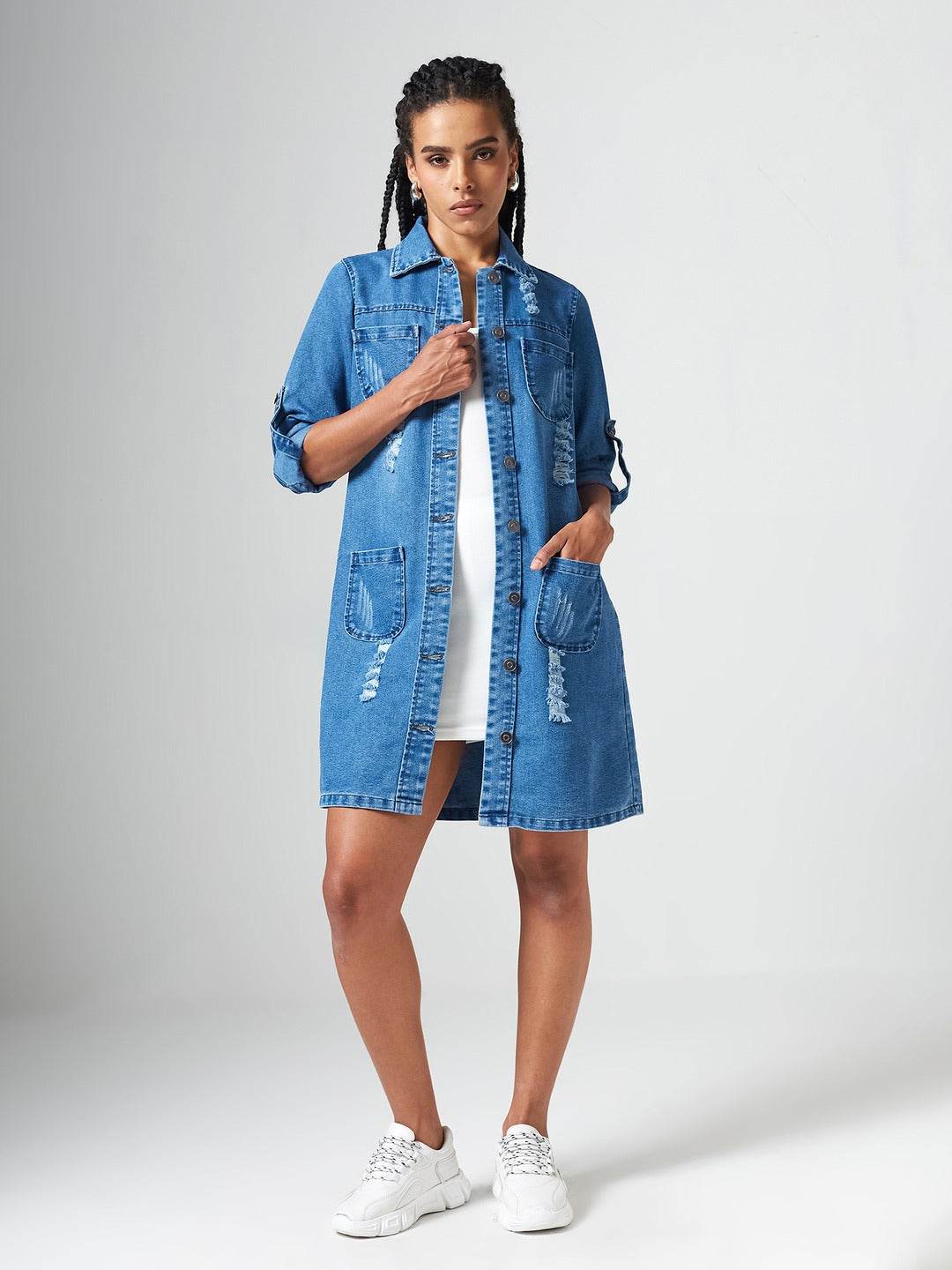 Navy Blue Solid Polo Neck Full Sleeves Patch Pocket Denim Overcoat Knee-Length Jacket for Women