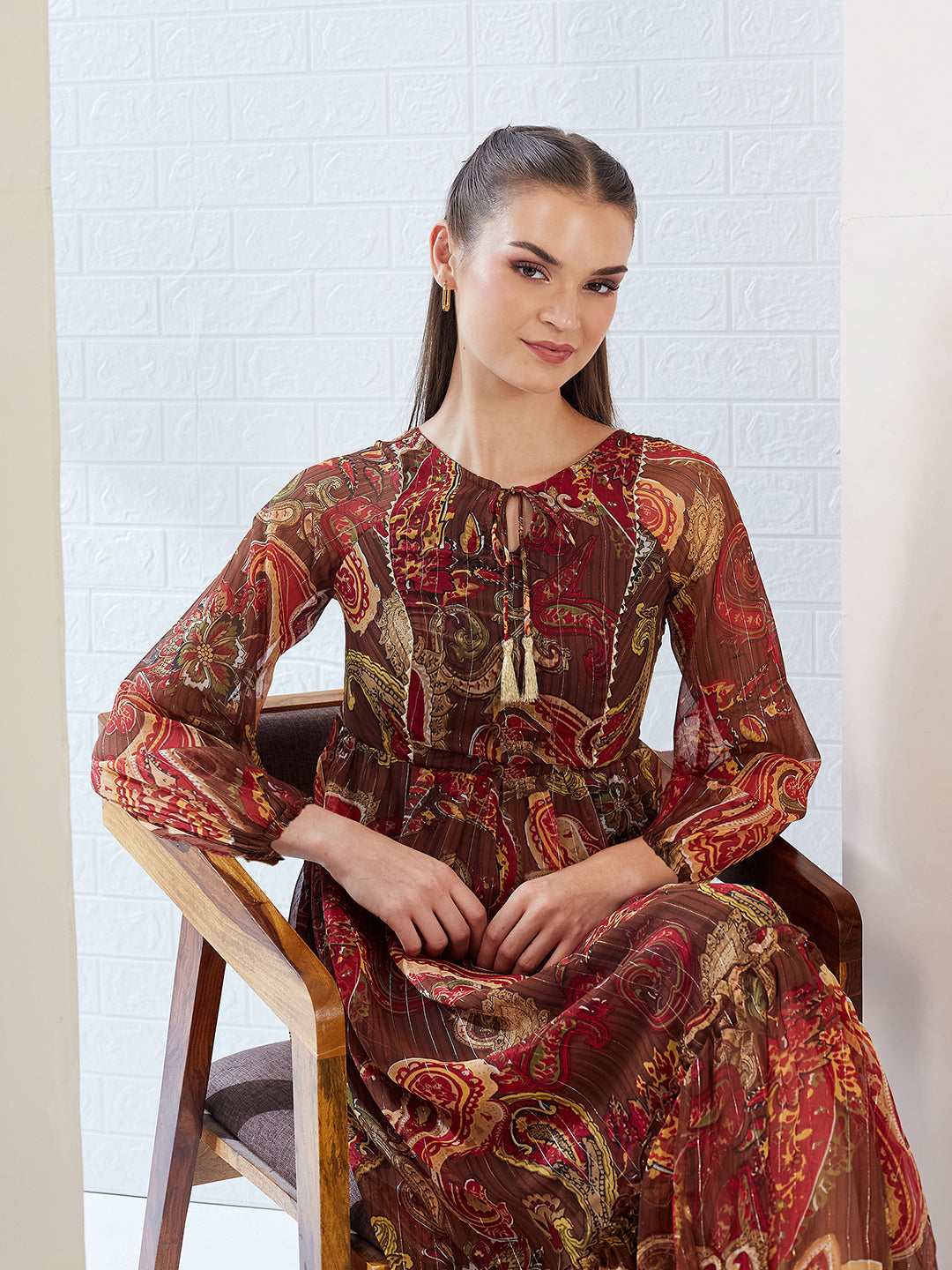Brown Relaxed Fit Maxi Lurex Chiffon Dress for Women