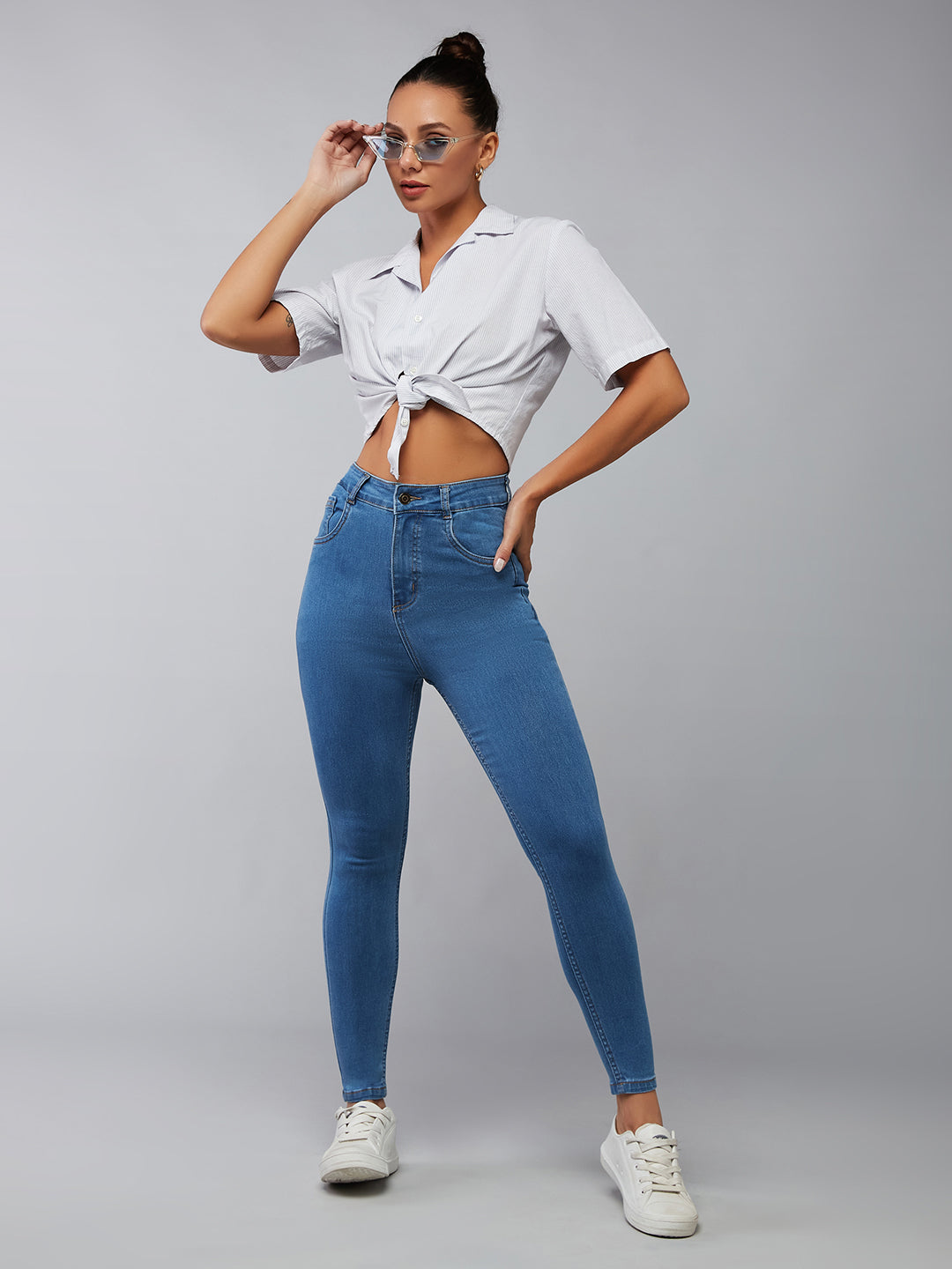 CHASEstretch™ Women's Blue Solid Skinny High-Rise Cropped Fringe Detailing Solid Stretchable Denim Jeans