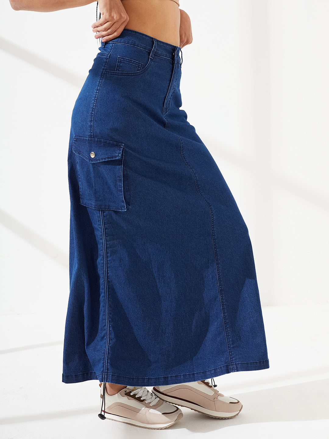 Navy Blue Baggy High-Rise Ruched Parachute Stretchable Denim Midi Skirt for Women