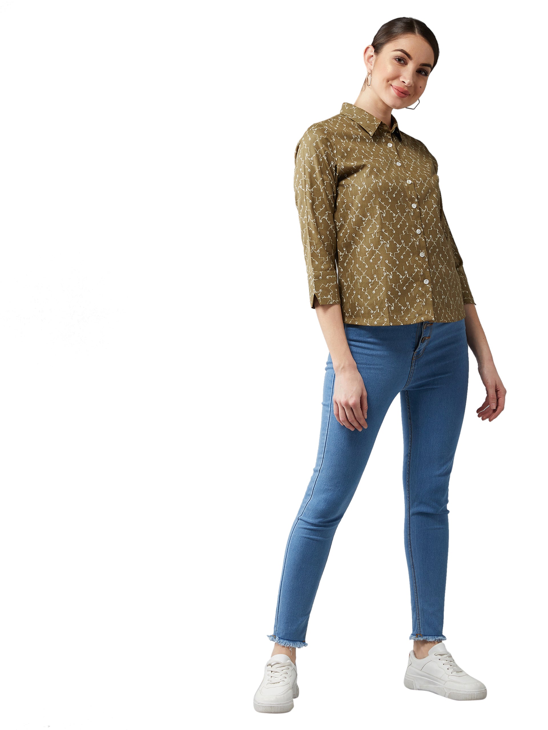 Women's Multicolored-Base Olive Green Collared 3/4 Sleeves Printed Basic Regular Length Shirt