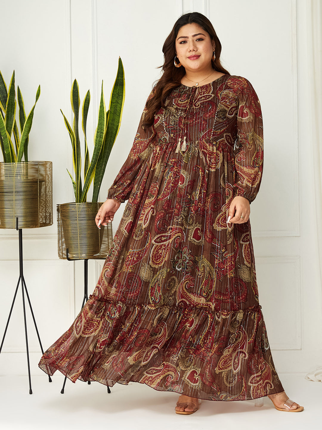 Body Bliss Multicolored-Base-Brown Maxi Lurex Chiffon Dress