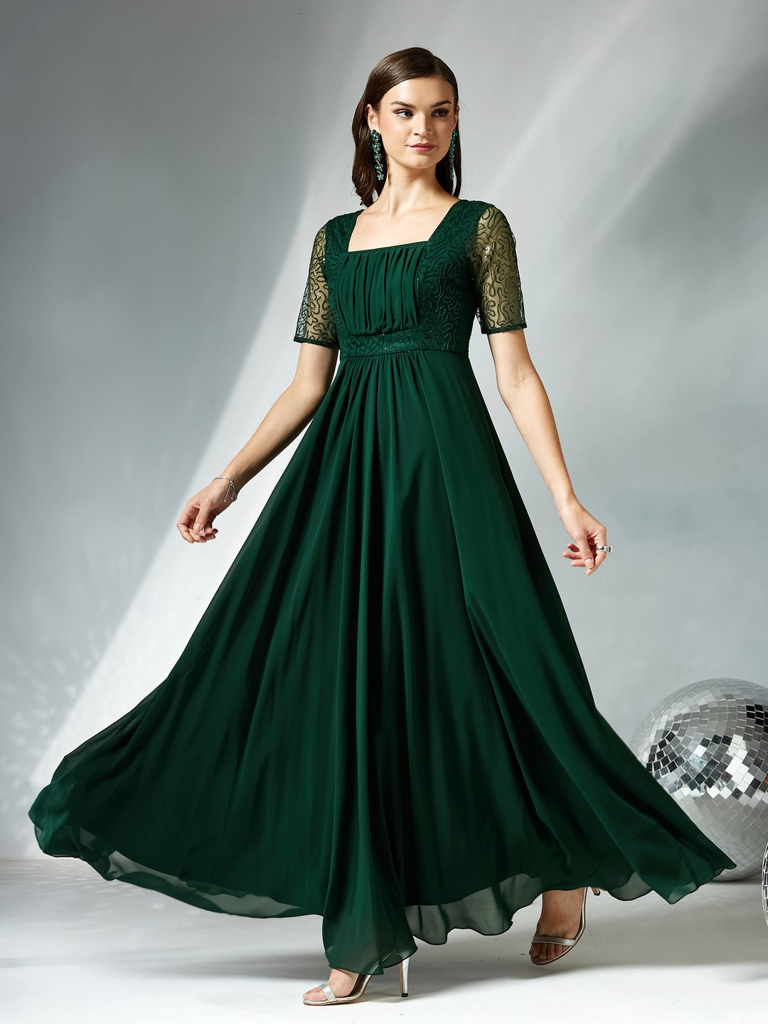 Dark Green Square Neck Half Sleeve Solid Embellished Maxi Dress for Women
