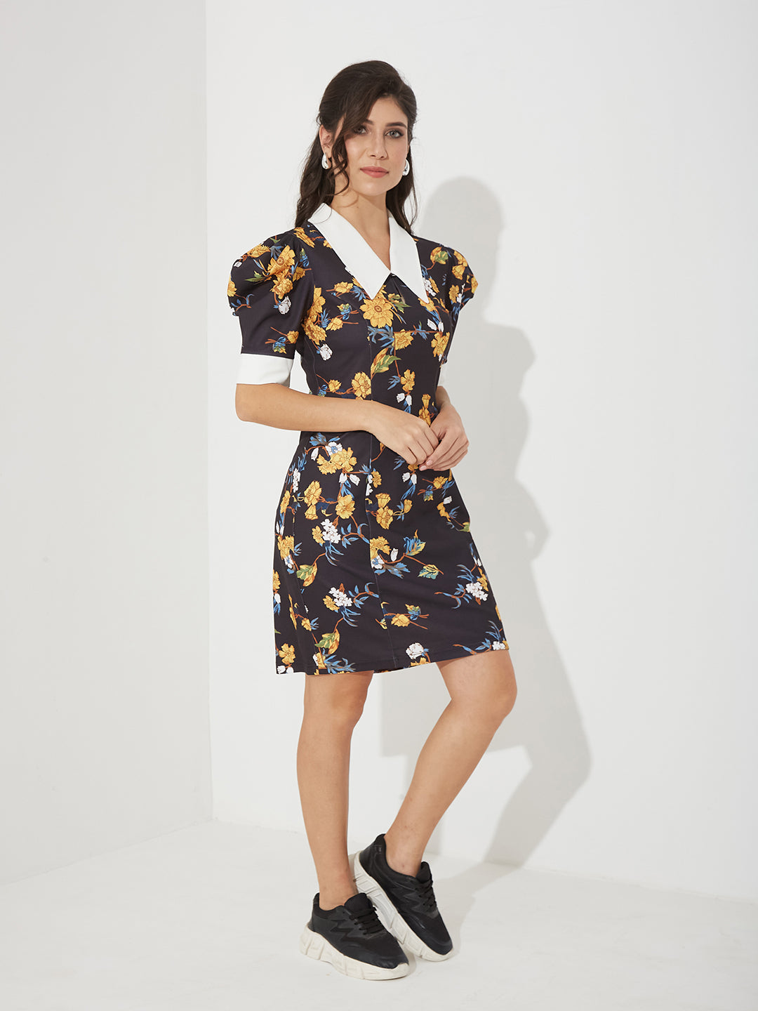Women’s Multicolored Base Black Collared Half Sleeve Floral Shift Knee-Long Polyester Dress for Women