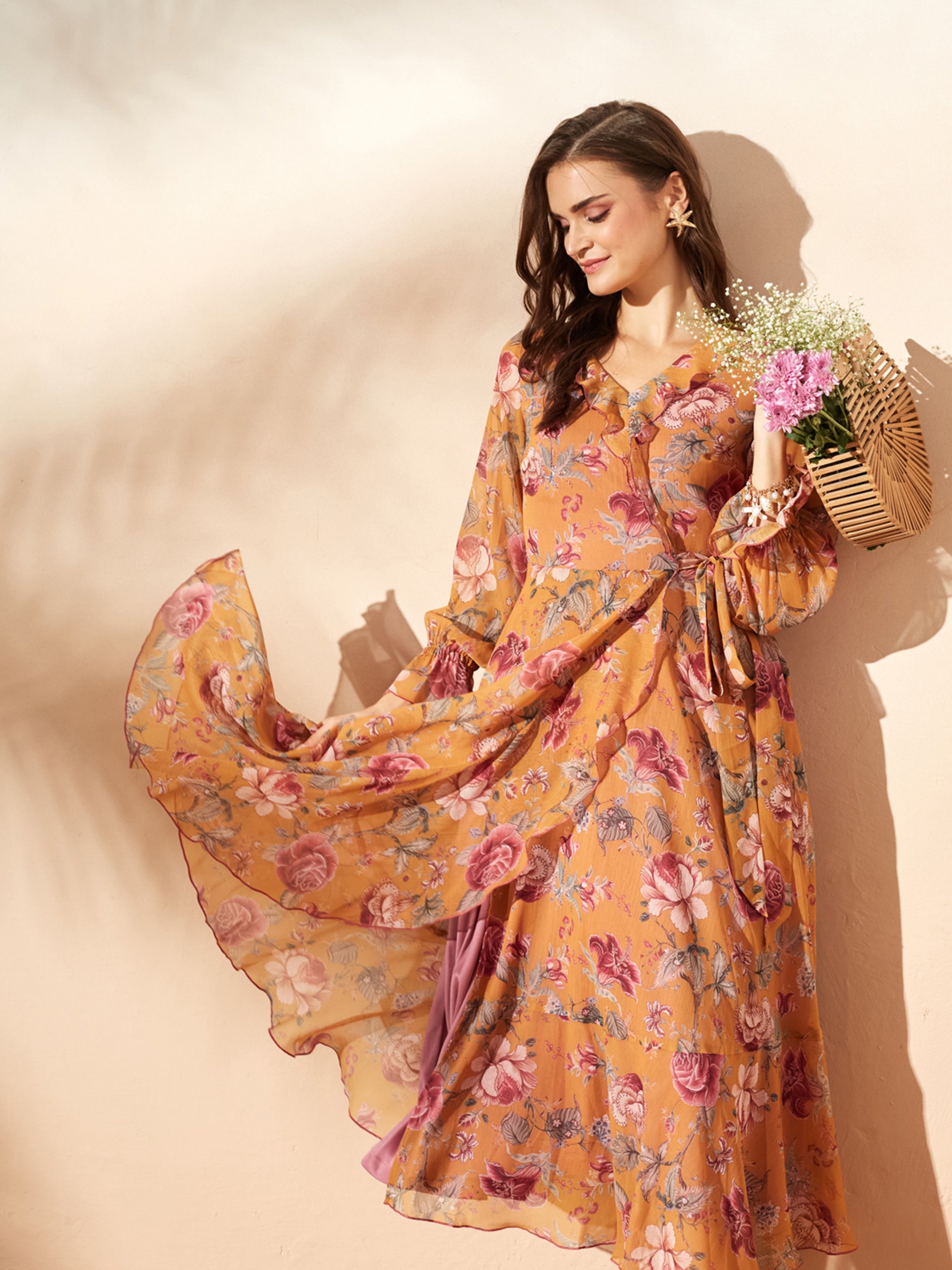 Women’s Multicolored Mustard Bohemian Ruffled Tie-Up Midi Chiffon Dress for Women
