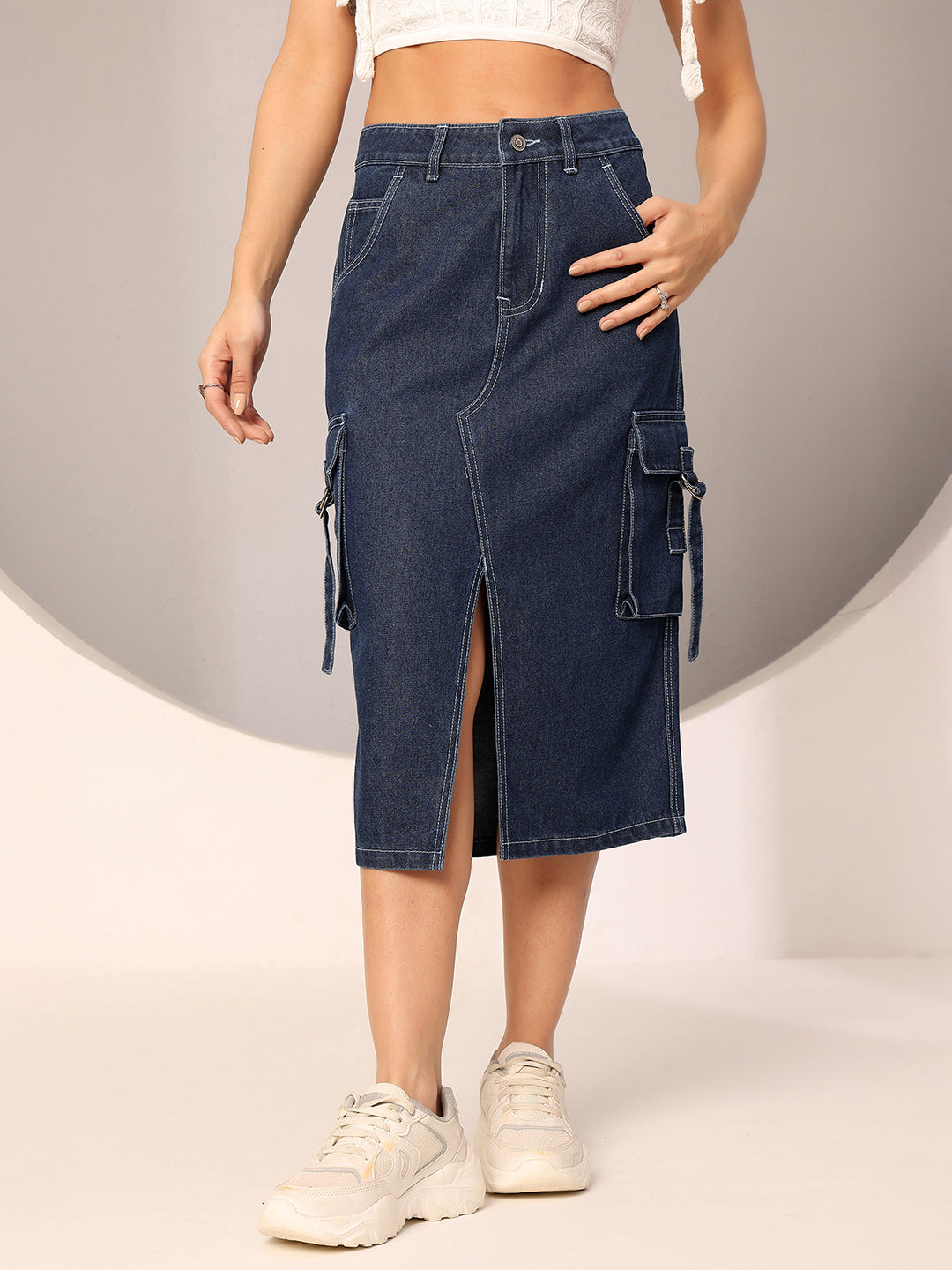 Navy-Blue Straight-Fit High-Rise Clean-Look Midi Denim Skirt for Women