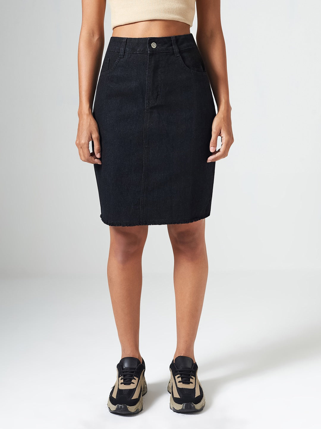 Black Bodycon High Rise Clean Look Above Knee Denim Skirt for Women