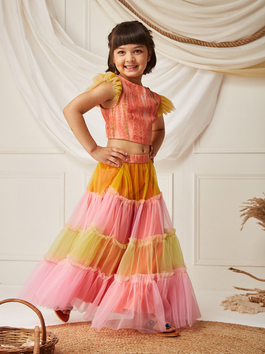 Multicolored-Base-Peach Round-Neck Frilled Sleeve Embellished Fit & Flare Regular Fusion Set
