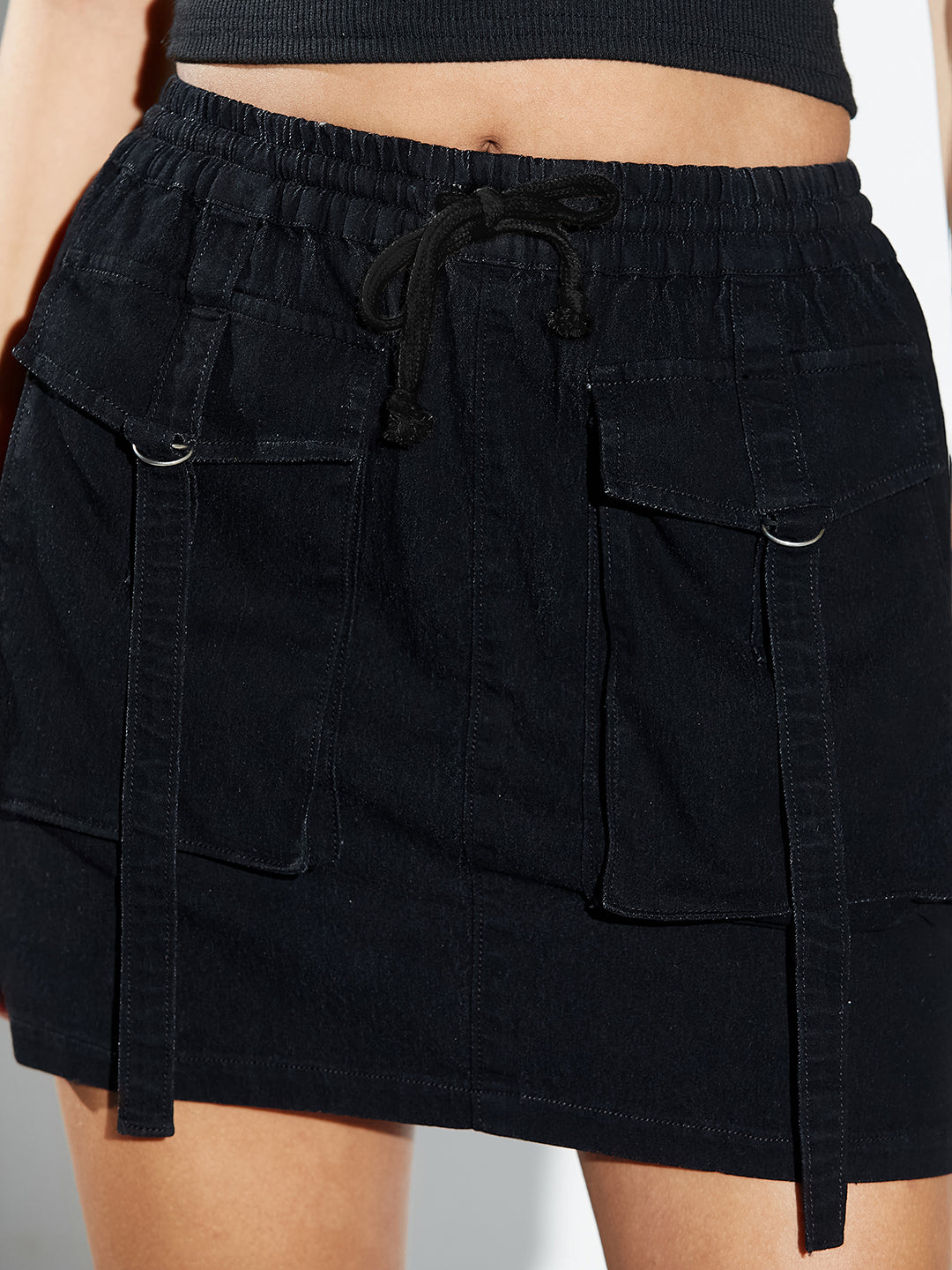 Black Flared High-Rise Mini Stretchable Denim Skirt for Women