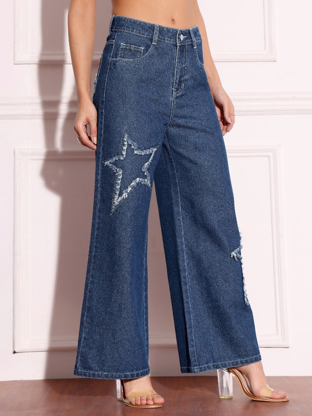 Women's Navy-Blue High-Rise Denim Wide-leg Jeans