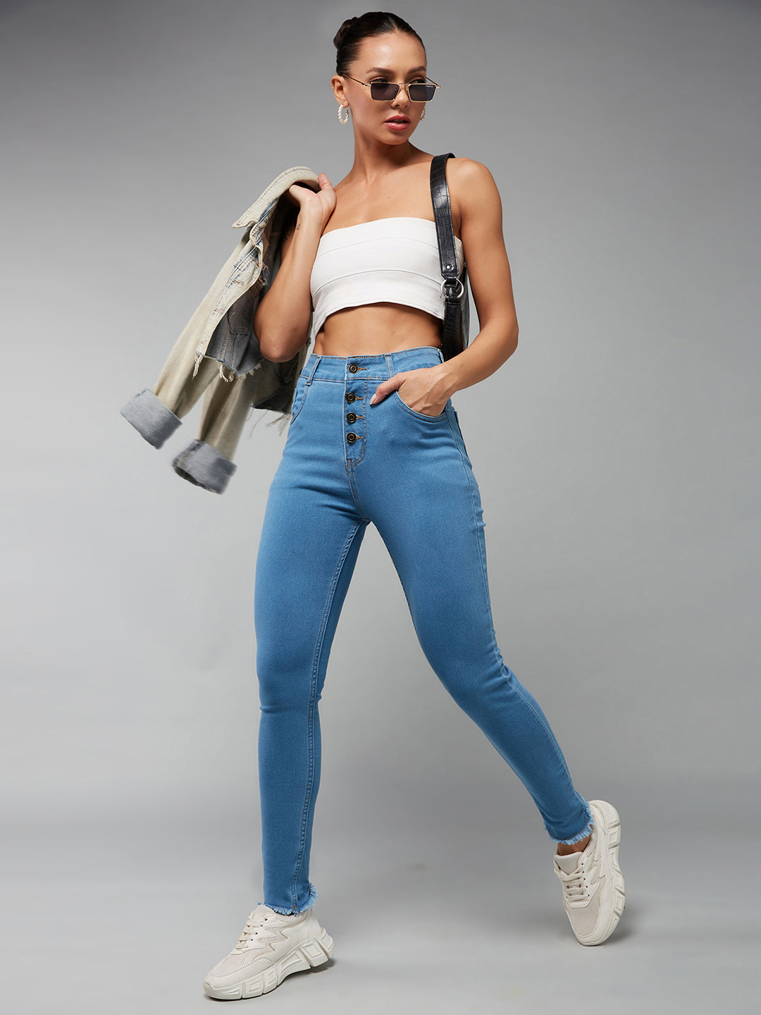 24/7 Comfort Blue Skinny Solid High-Rise Cropped Fringed Hemline Detailing Stretchable Denim Jeans
