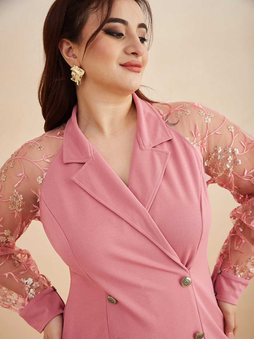 Dusty Pink & Golden Solid Embroidered Double Breasted Knee Length Dress for Women