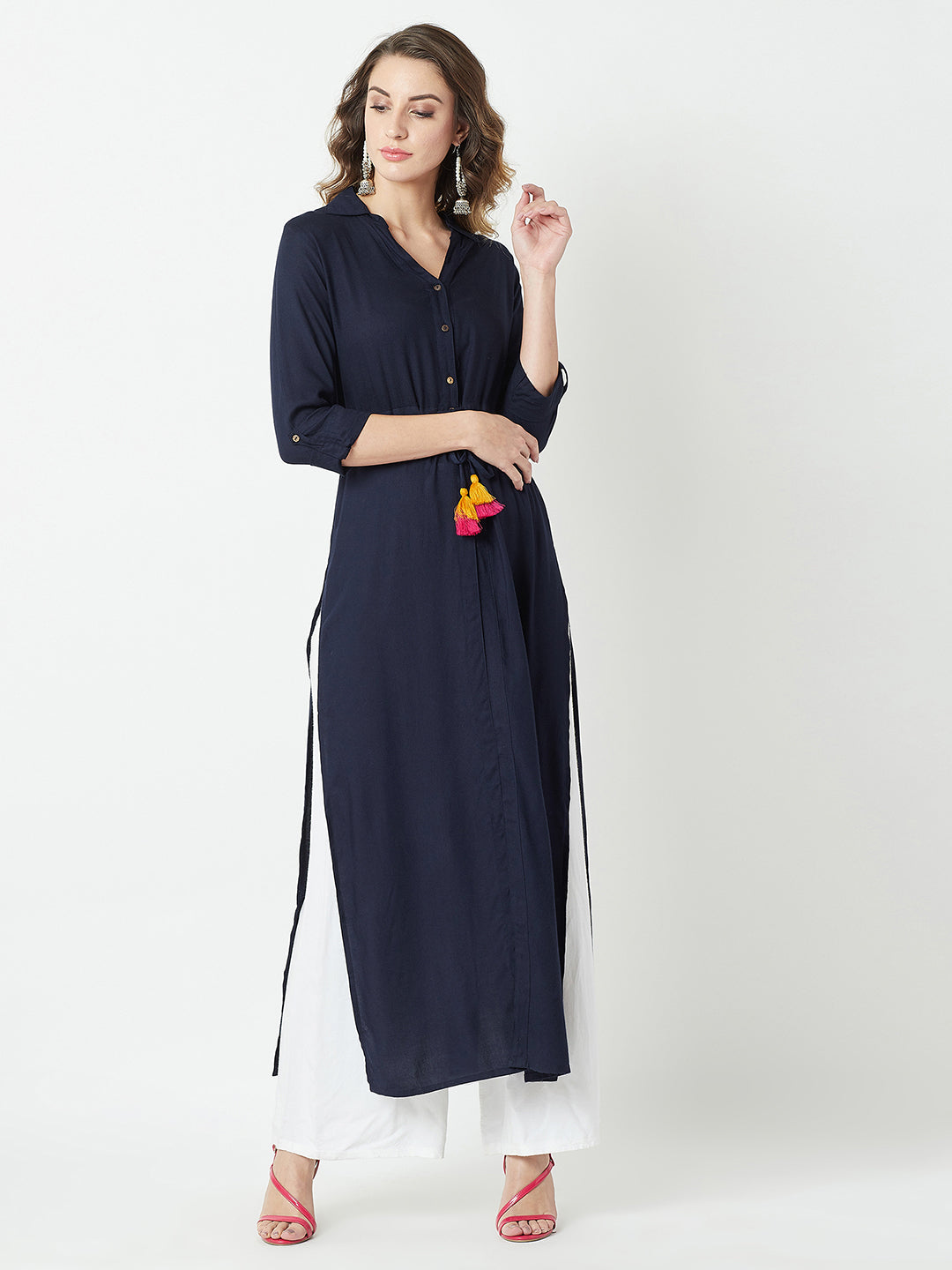 Women's Navy Blue Collared 3/4 Sleeve Solid Buttoned Tassel A-Line Maxi Top