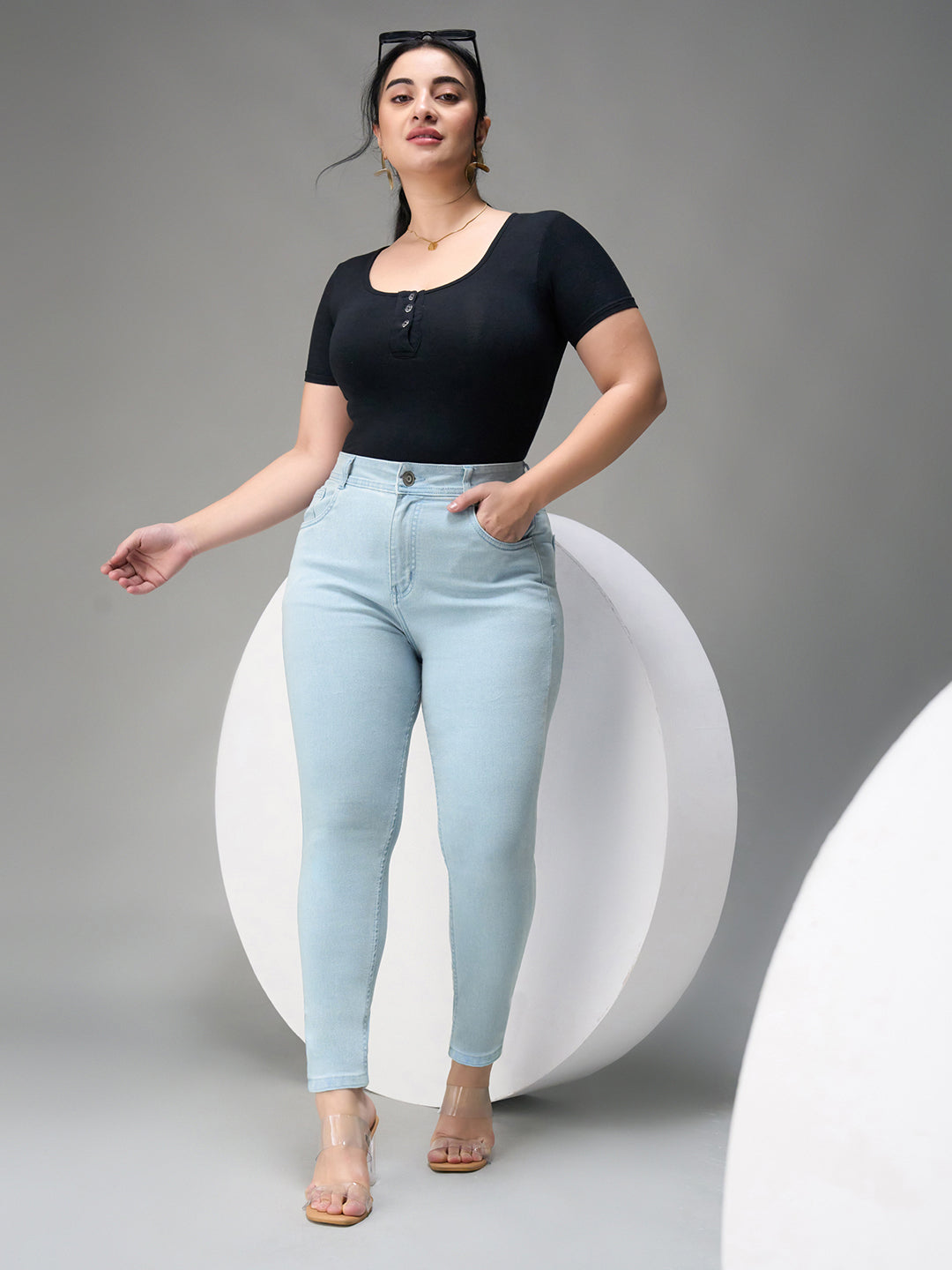 24/7 Comfort Light-Blue Skinny-Fit High-Rise Distressed Ice-Wash Denim Jeans for Women