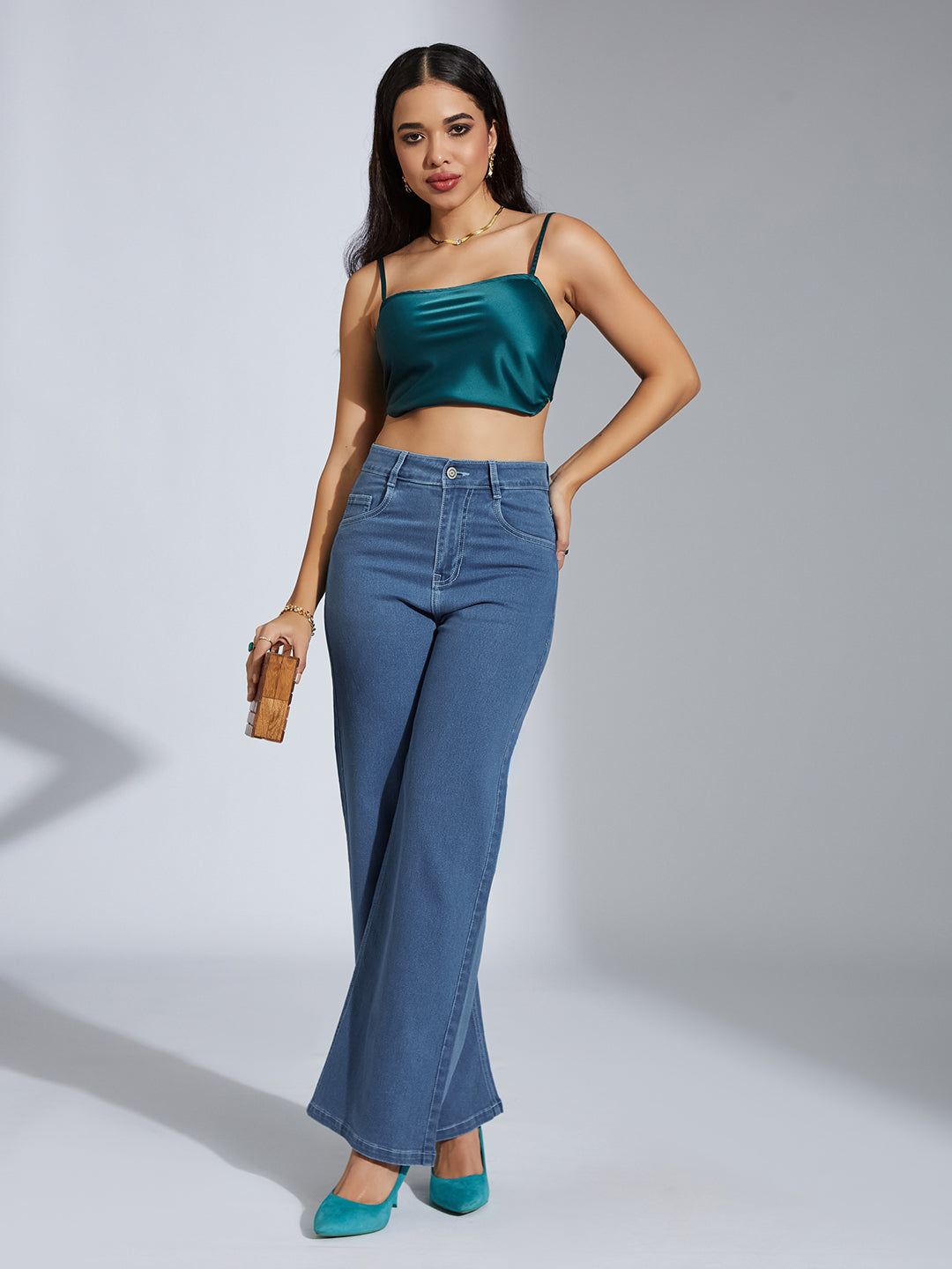 24/7 Comfort Blue Wide-Leg High-Rise Stretchable Denim Jeans