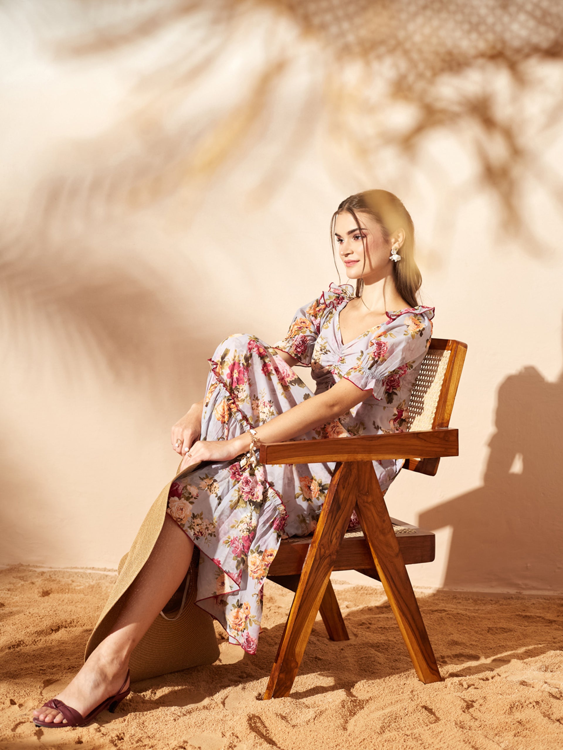 Grey Multicoloured Floral Printed Puff Sleeves Sweetheart Neck Fit and Flare Maxi Dress for Women