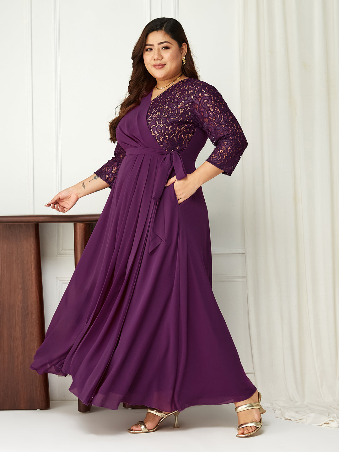 Dark Purple Colored V-Neck Three-Quarter Sleeve Self-Designed Wrap Maxi Georgette Dress for Women