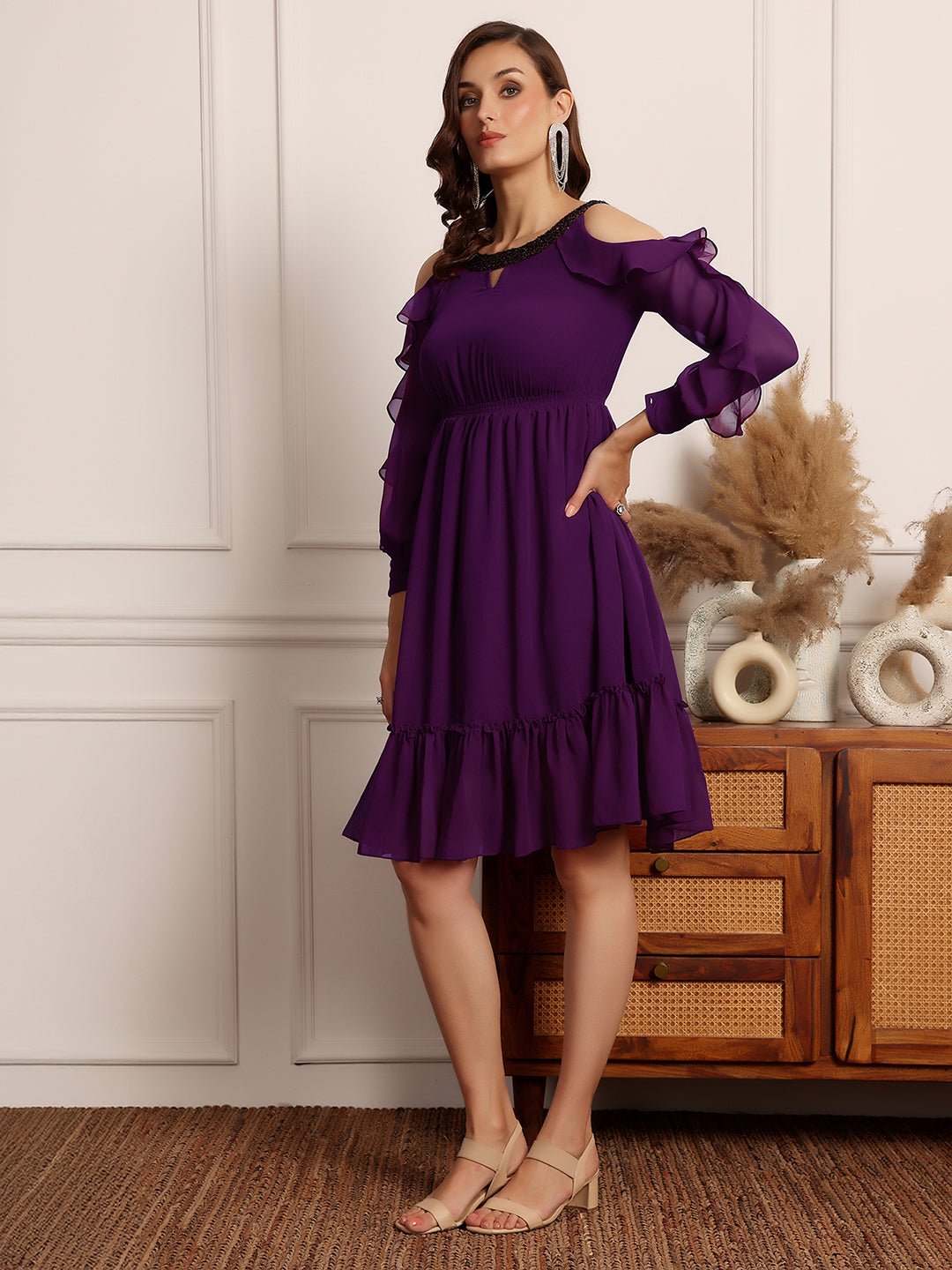 Women's Dark Purple Solid Round Neck Full Sleeves Polyester Ruffled Knee Length Dress
