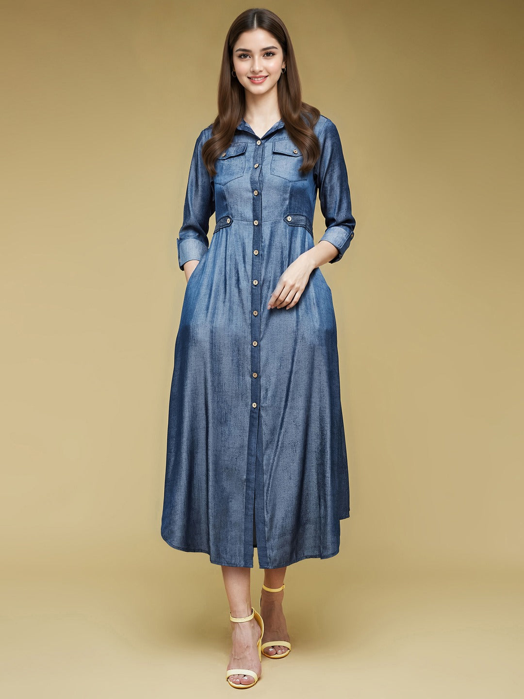 Blue Shirt Collar 3/4 Sleeve Solid Midi Polyester Shirt Dress for Women