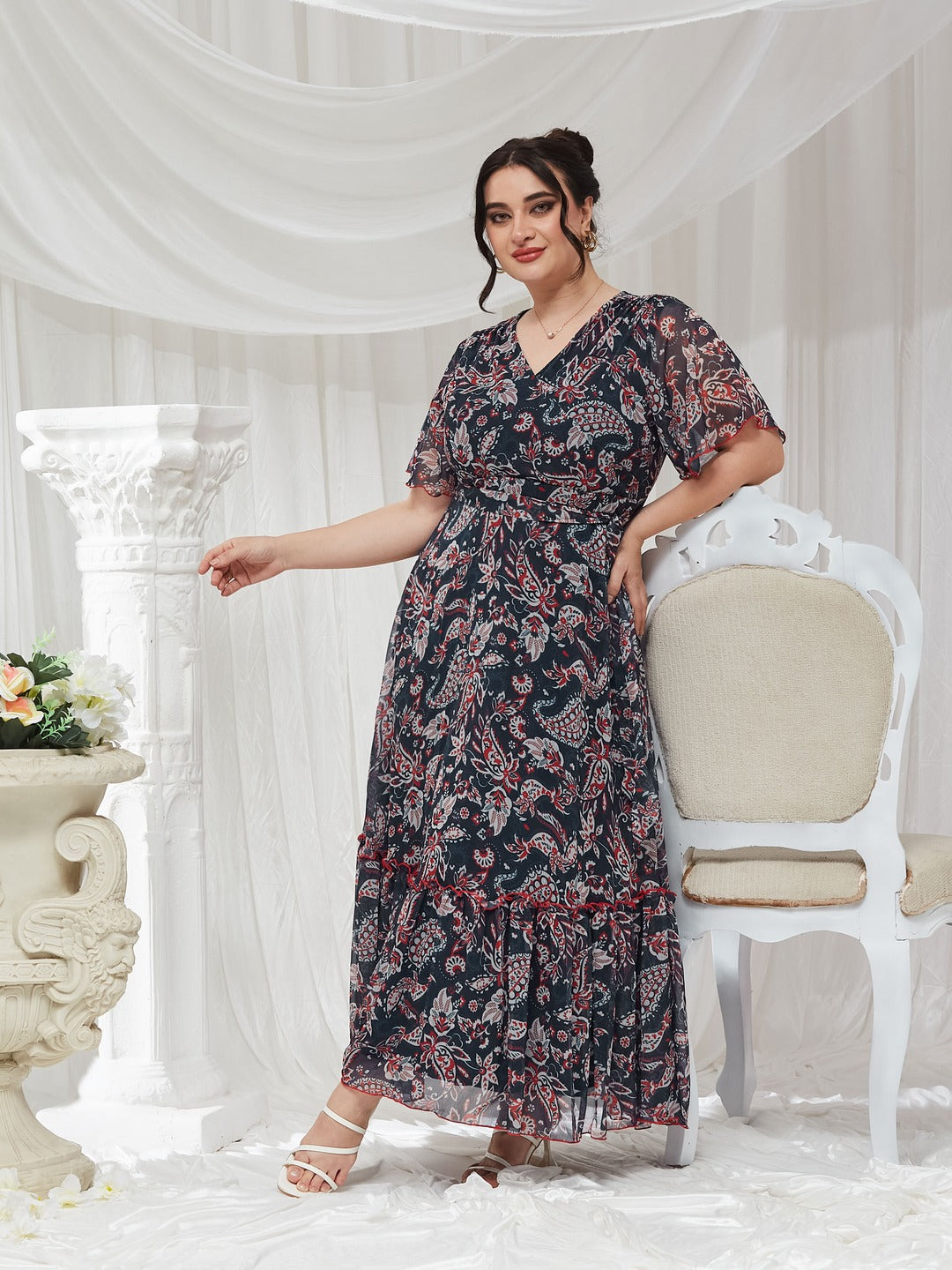 Navy Floral Wrap Chiffon Maxi Dress with Flutter Sleeves and Frilled Hem for Women