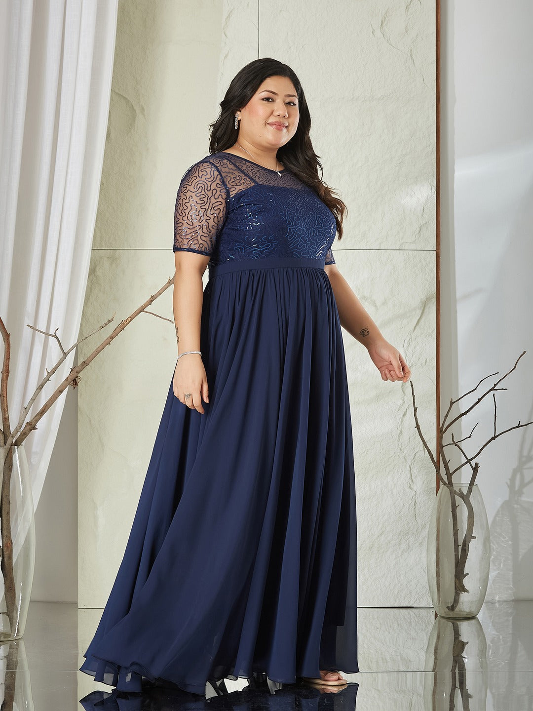 Navy Blue Relaxed Fit Maxi Georgette & Sequins Dress for Women