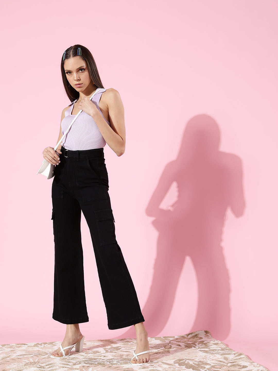 24/7 Comfort Black Wide-Leg Cargo High-Rise Stretchable Denim Jeans