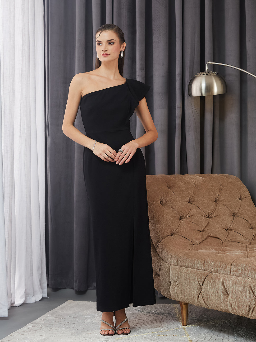 Women's Black Solid One Shoulder Sleeveless Ruffled Maxi Dress