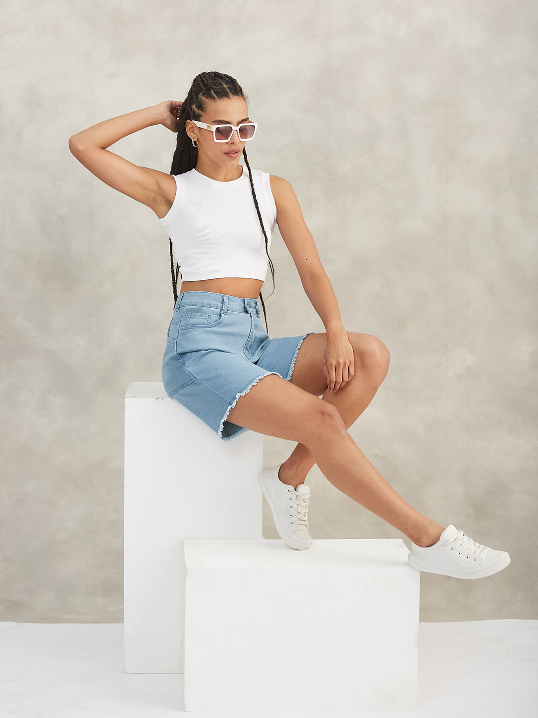 Women's Light Blue Regular High Rise Clean Look Above Knee Stretchable Denim Shorts
