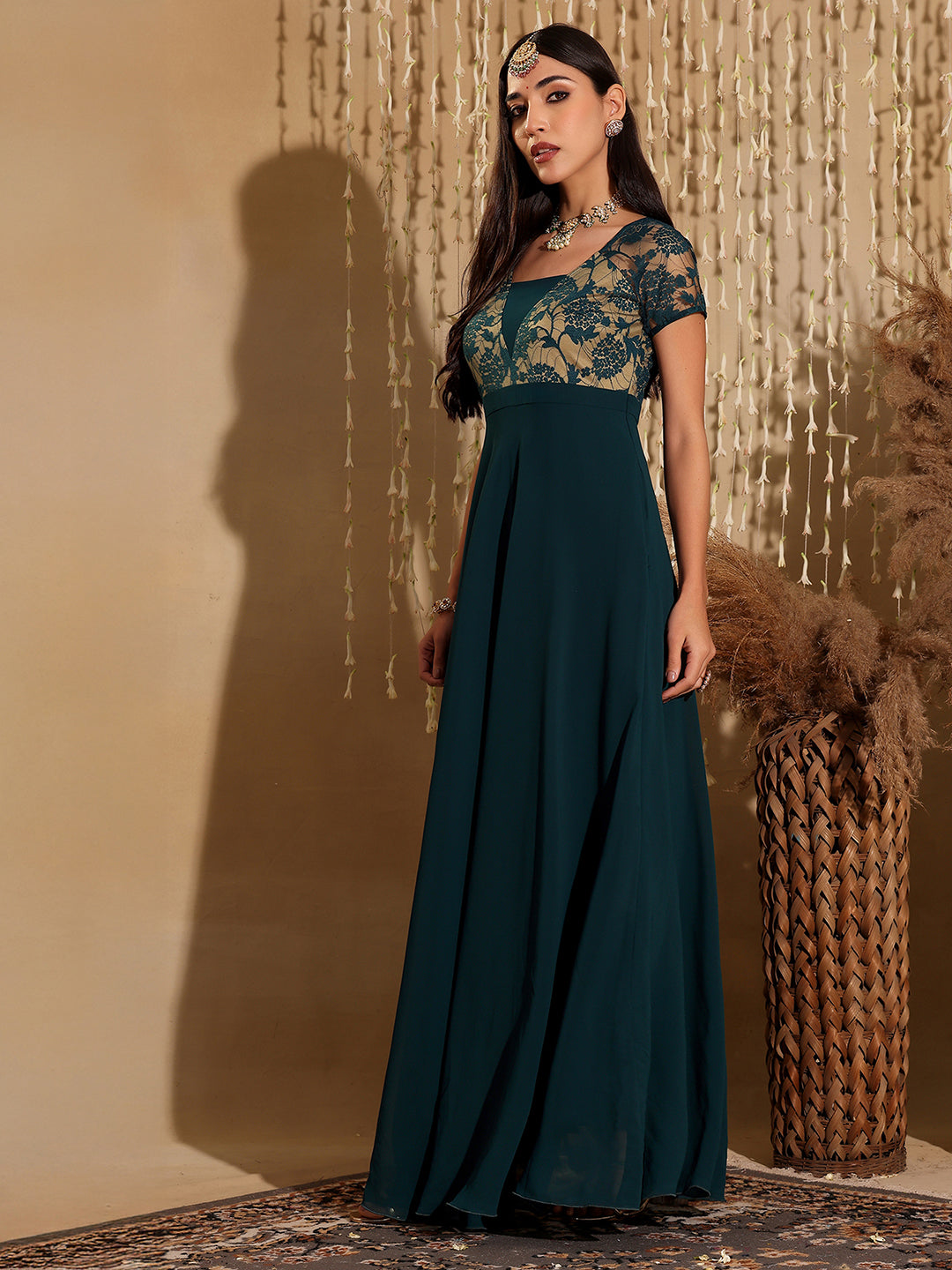 Women's Teal Square Neck Raglan Short Sleeve Self Design Lace Overlaid Georgette Maxi Dress