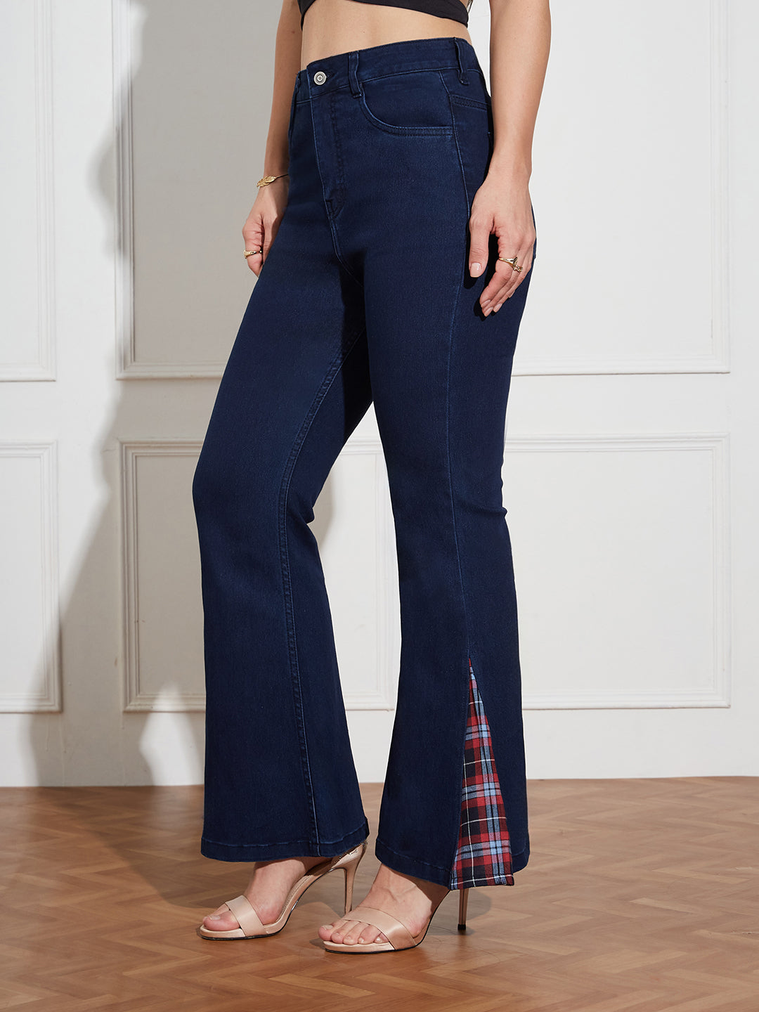 Women's Navy Blue High Rise Clean LooK Stretchable Denim Bootcut Jeans