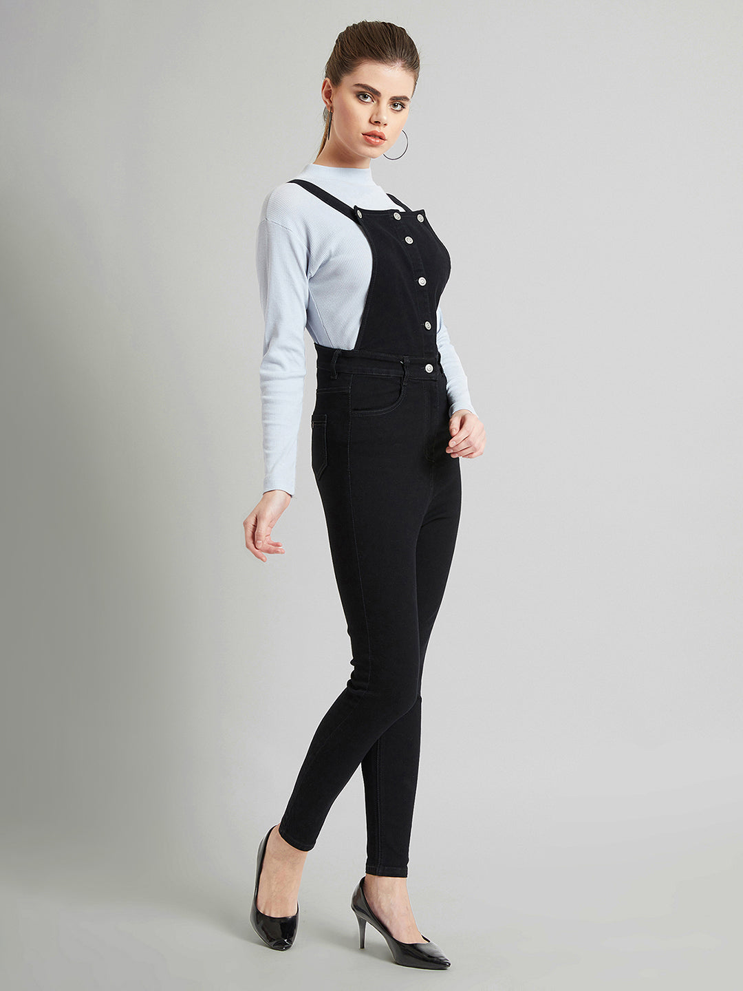 Women's Black Skinny High-Rise Stretchable Denim Dungaree