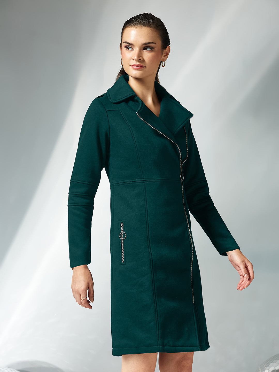 Women's Dark Green Notch Collar Multi Panelled Full Sleeve Solid Double Breasted Knee Length Jacket
