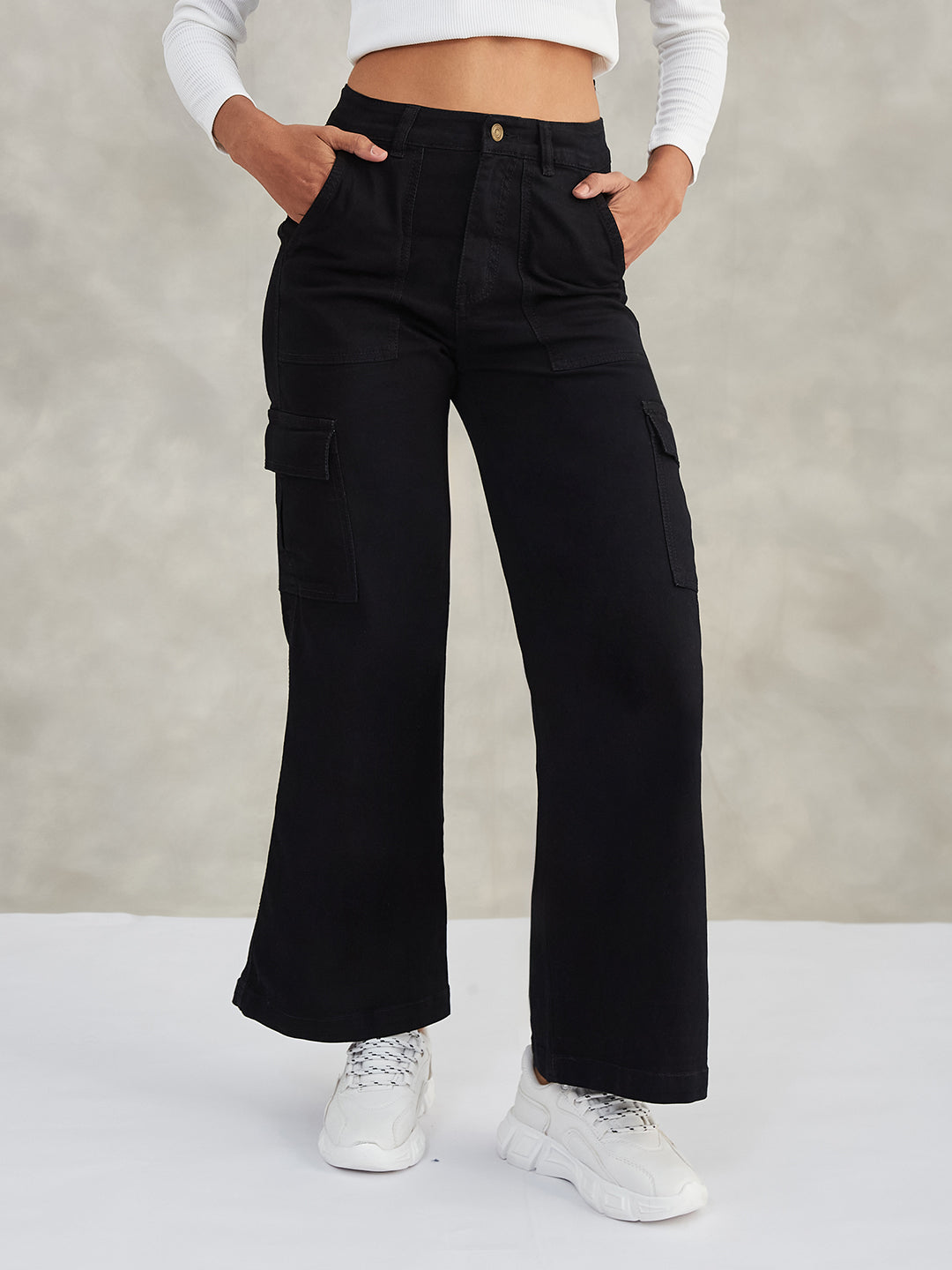 Women's Black Wide-Leg High-Rise Stretchable Denim Jeans