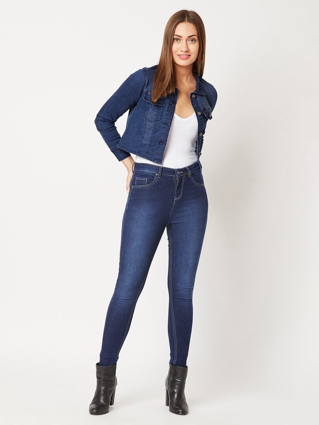 Women's Navy Blue Solid Polo Neck Full Sleeves Buttoned Denim Embellished Cropped Jacket