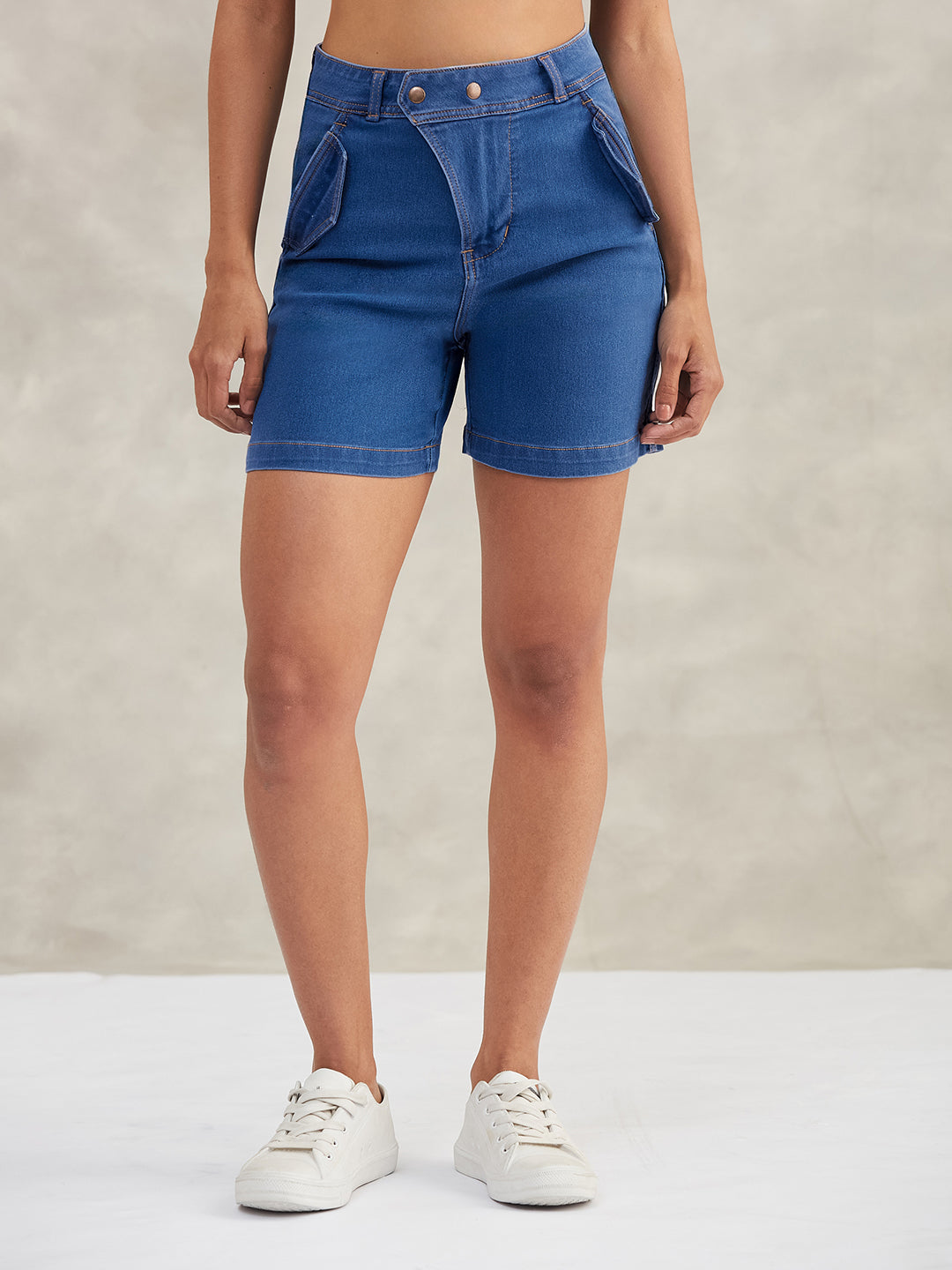 Relaxed-Fit Mid-Rise Stretchable Blue Denim Bermuda Shorts for Women — Dolce Crudo