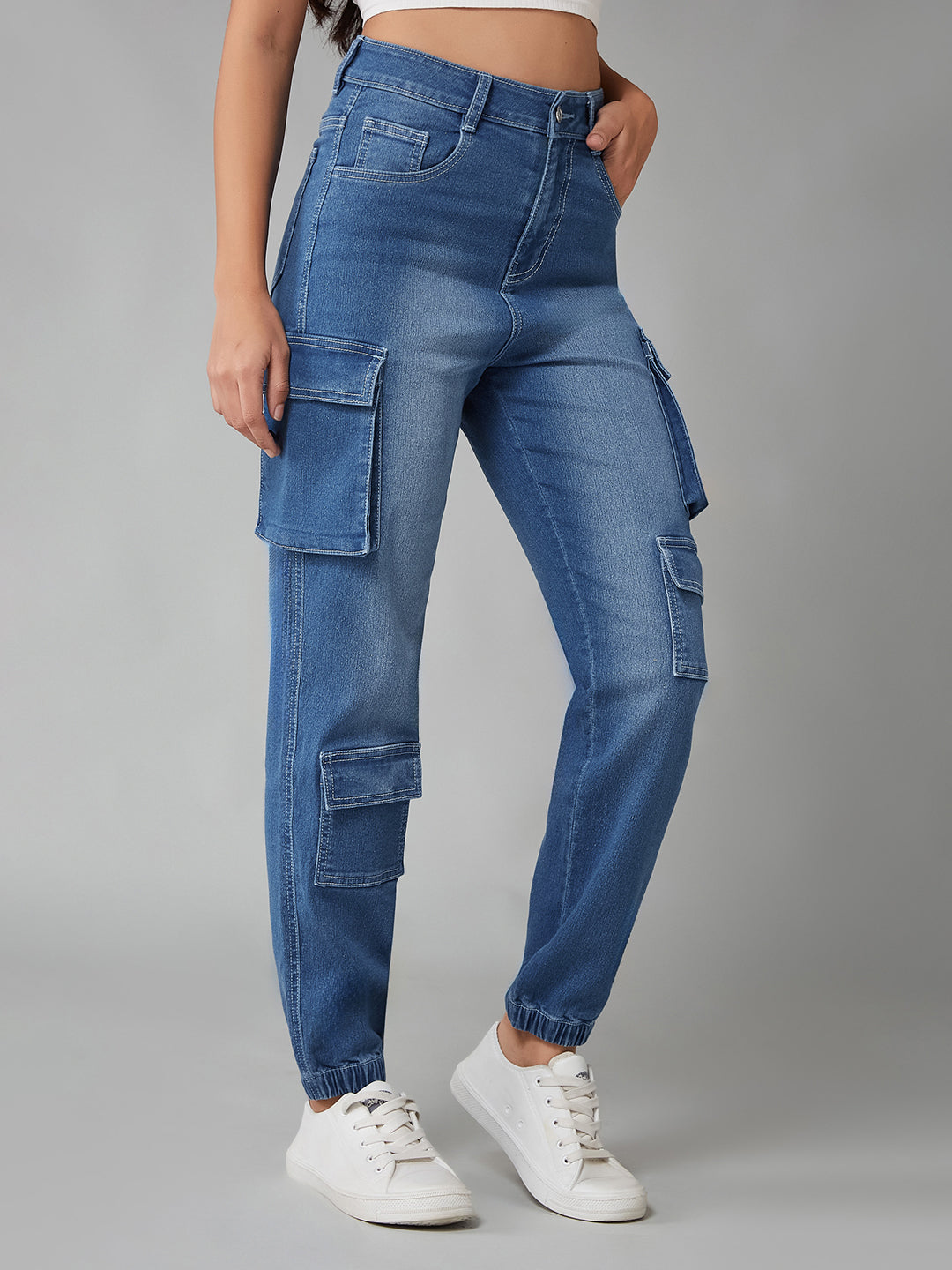 Women's Mid-Blue Regular High-Rise Regular Stretchable Denim Joggers