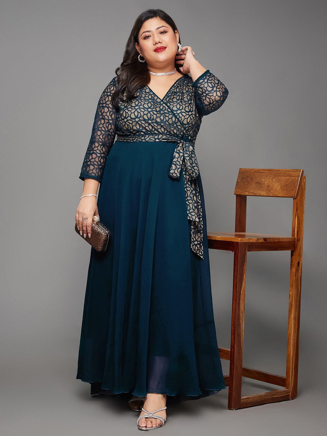 Teal Long Sleeves Fit and Flare Wrap Maxi Dress with Lace Belt for Women | Mehendi to Sangeet Collection