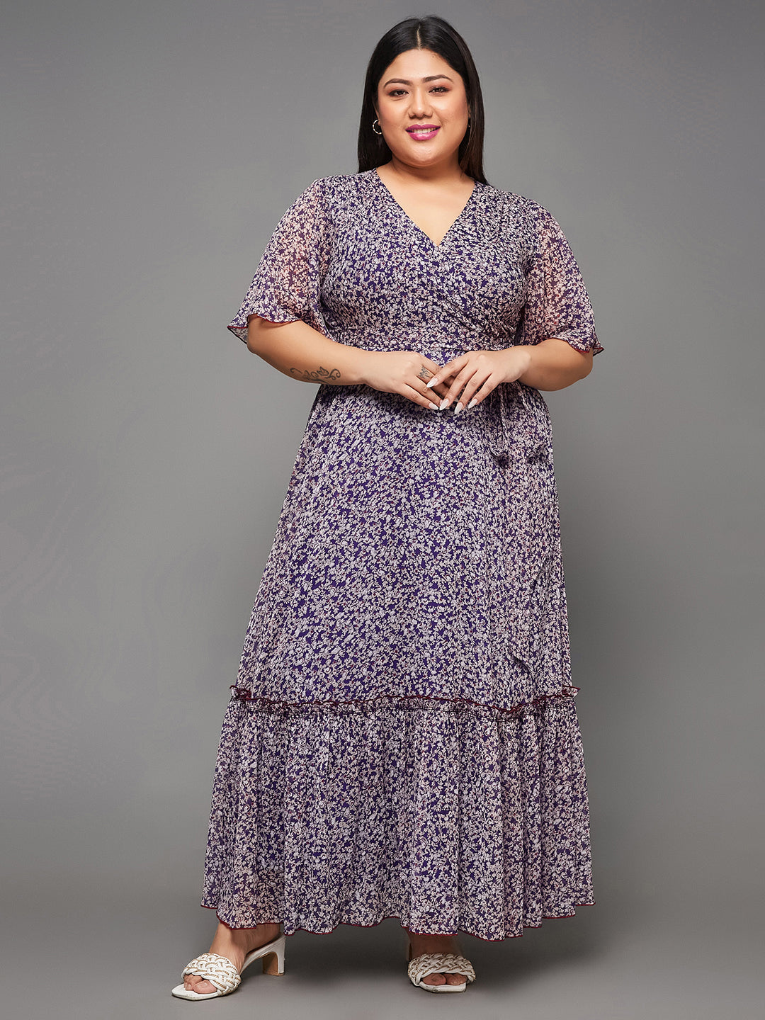 Body Bliss Multicolored-Base-Purple Floral Wrap Chiffon Maxi Dress