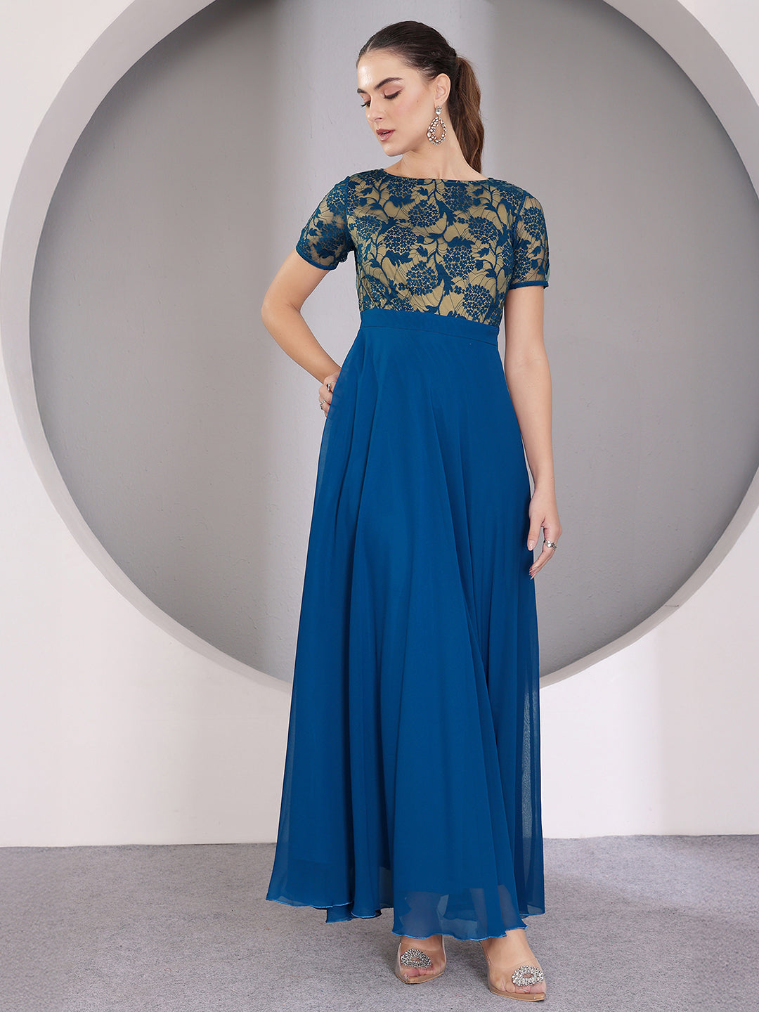 Royal Blue Round Neck Half Sleeve Self Design Fit & Flare Georgette Maxi Dress for Women