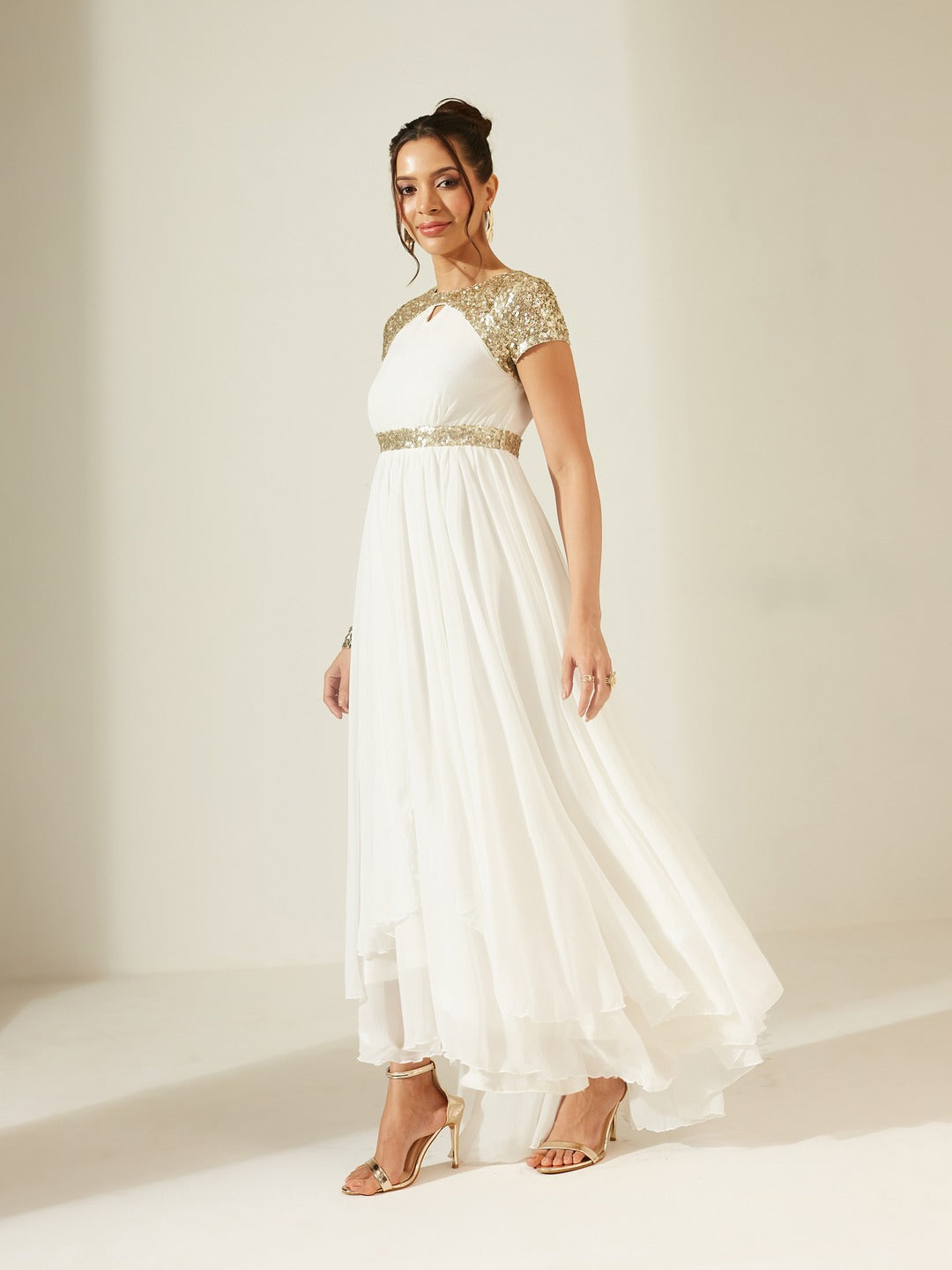 Off White Keyhole Neck Short Sleeve Embellished Layered Georgette Maxi Dress for Women