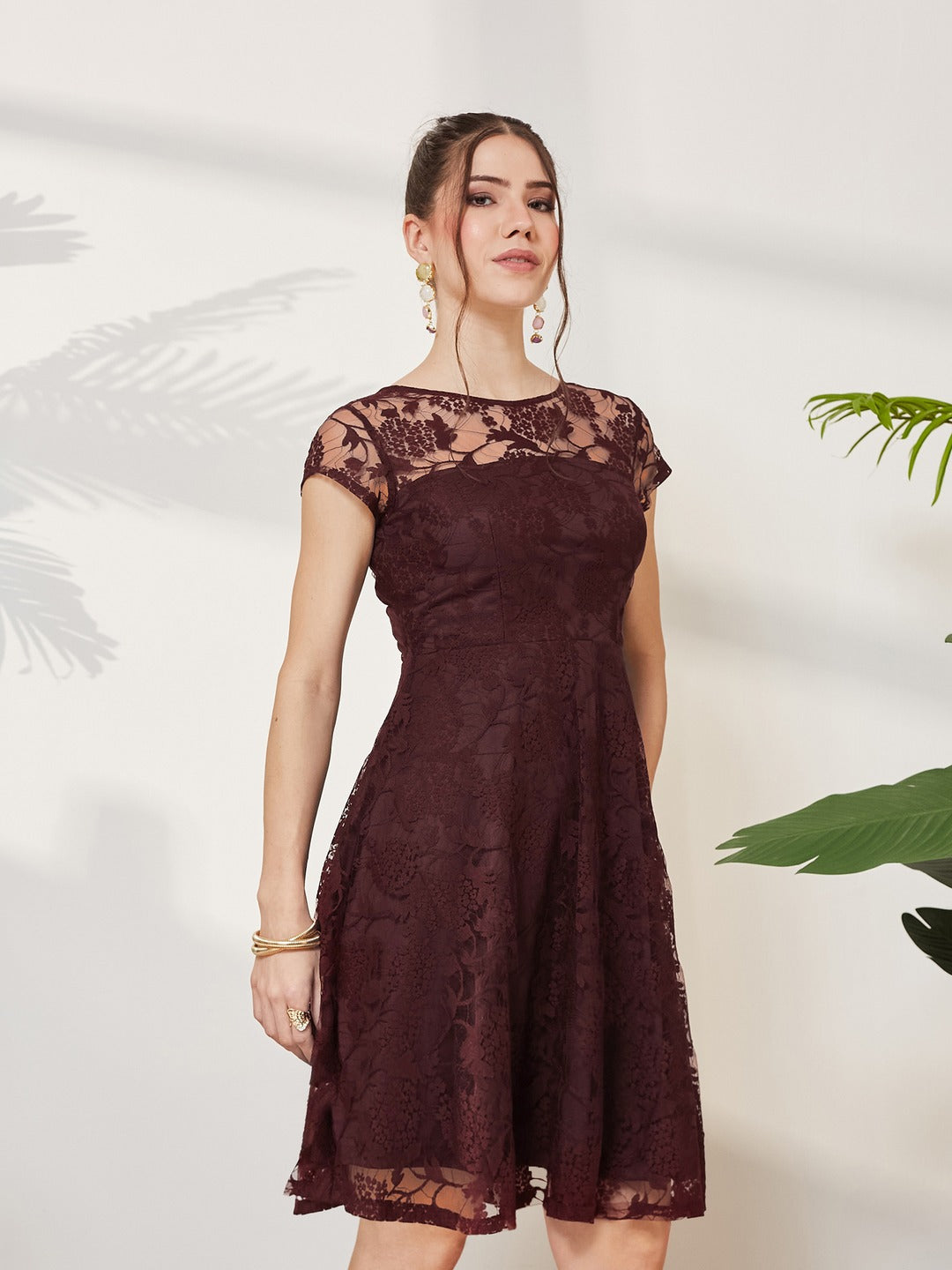 Wine Round Neck Cap Sleeves Lace Knee-Long Skater Dress for Women