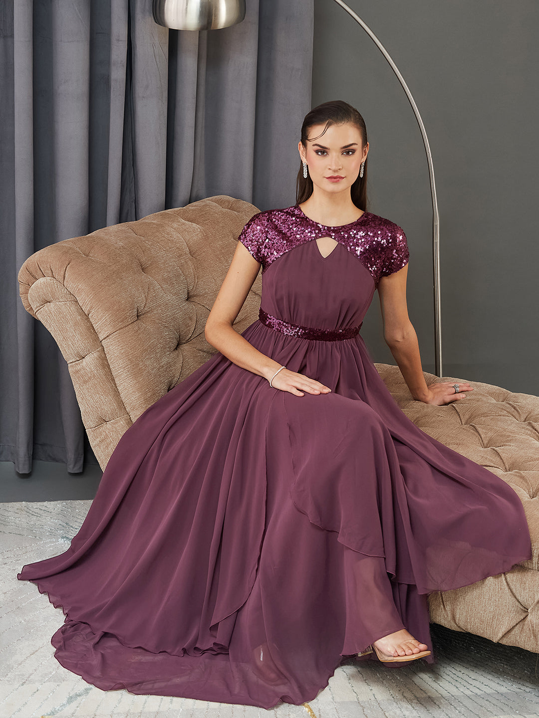 Women's Mauve Keyhole Short Sleeve Embellished Layered georgette Maxi Dress