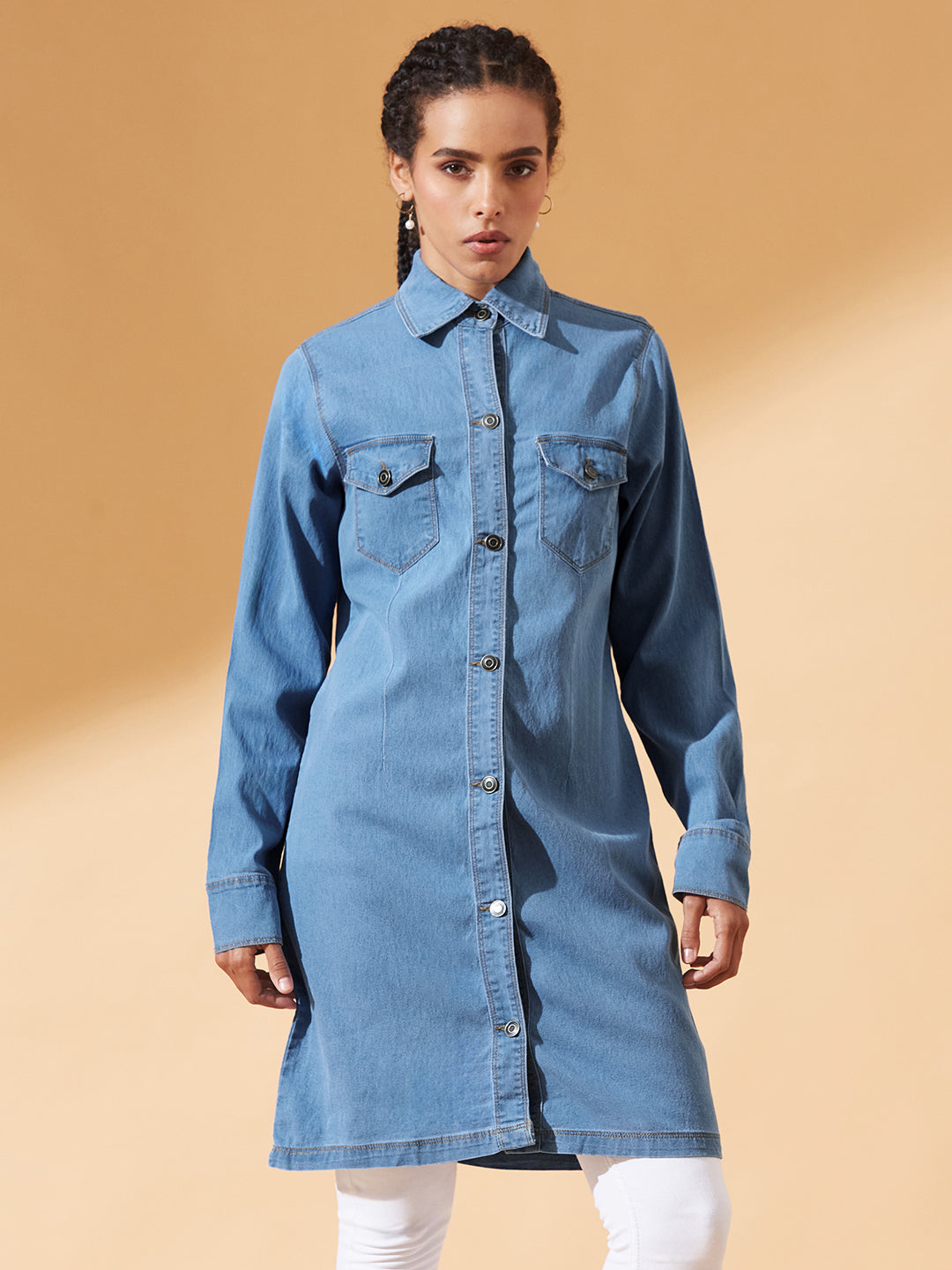 Blue Polo Neck Full Sleeves Denim Knee-Long Shrug for Women