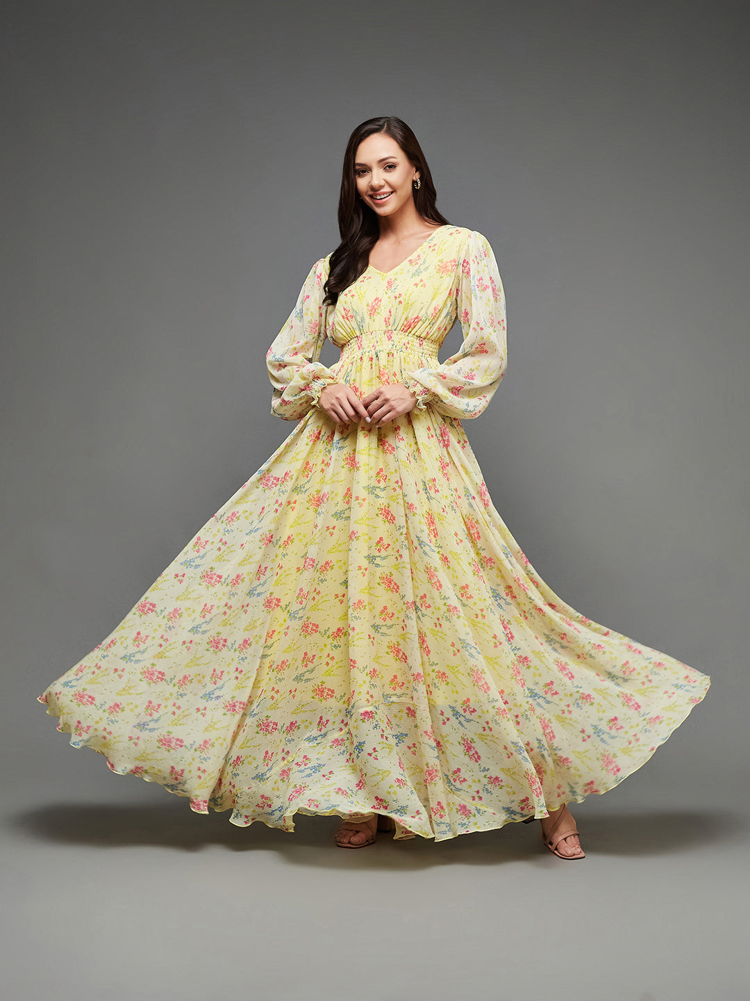 Women's Multicolored-Base-Lime Yellow V-Neck Bishop Sleeve Floral Gathered Chiffon Maxi Dress